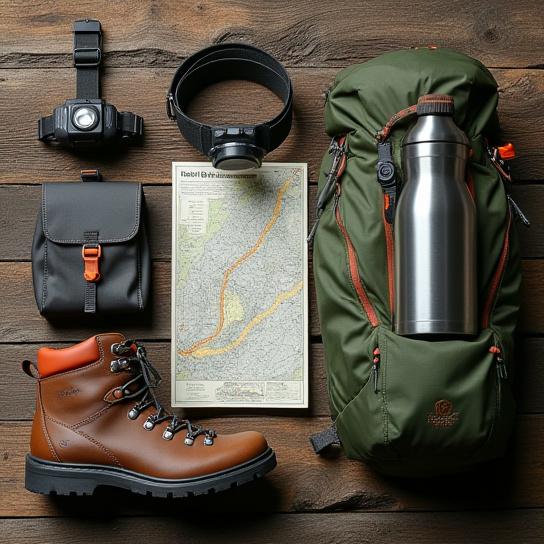 A collection of hiking essentials including a compass, map, and headlamp.