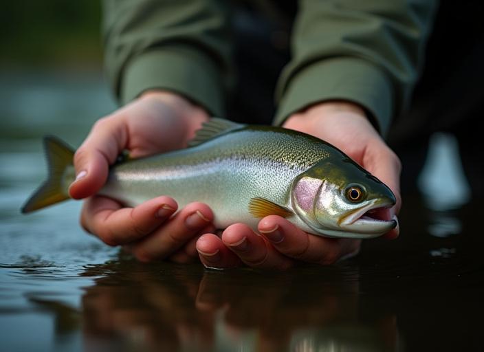 Pescador liberando un pez en el río con cuidado